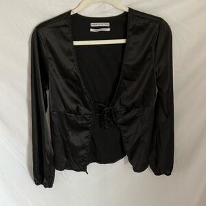 Urban Outfitters: Black Satin long sleeve Blazer with double tie front-XS